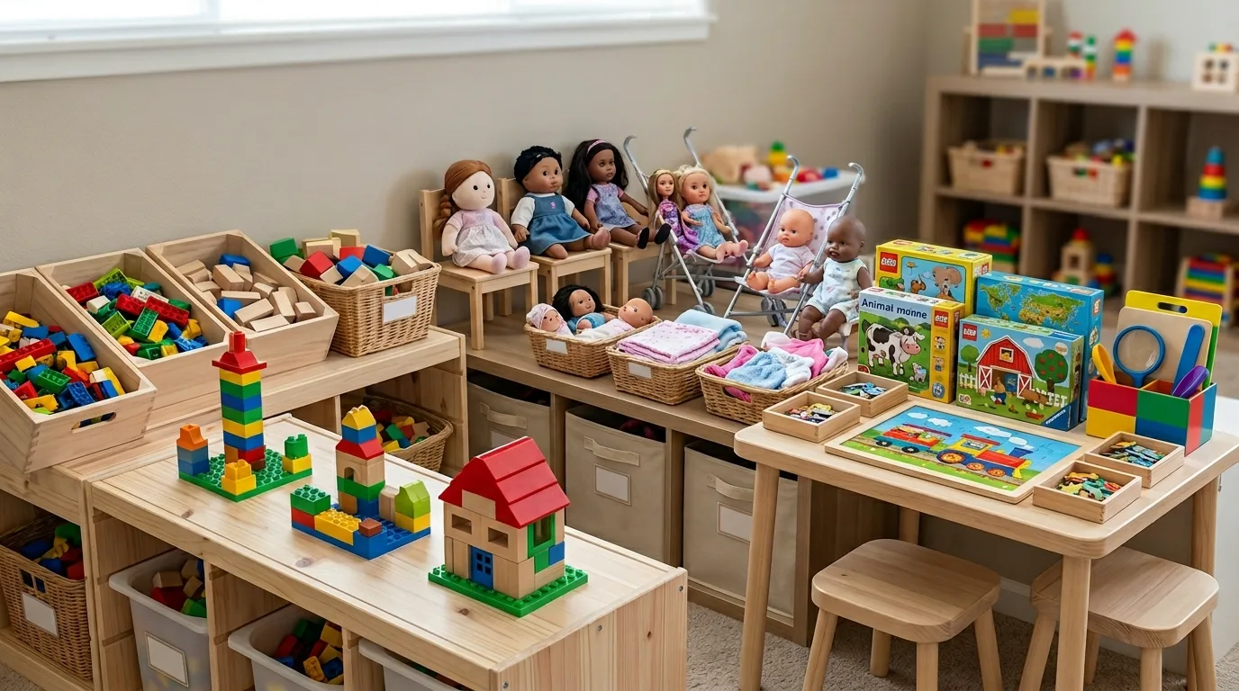 Add a small table for crafts puzzles and drawing inspiration for a kids playroom.
